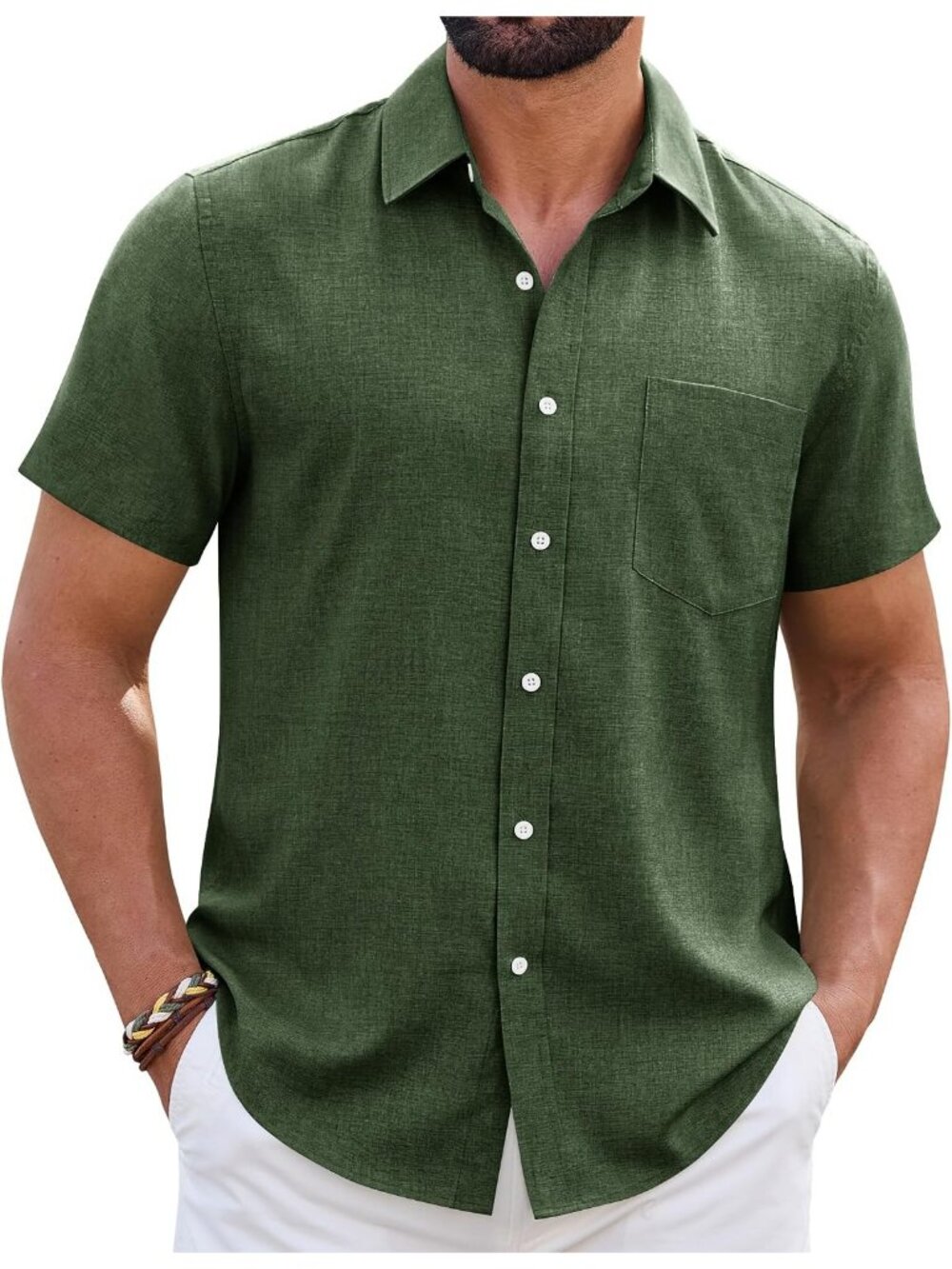 Men's Short Sleeve Linen Olive Green Wrinkle Free Casual Beach Button Down Shirt
